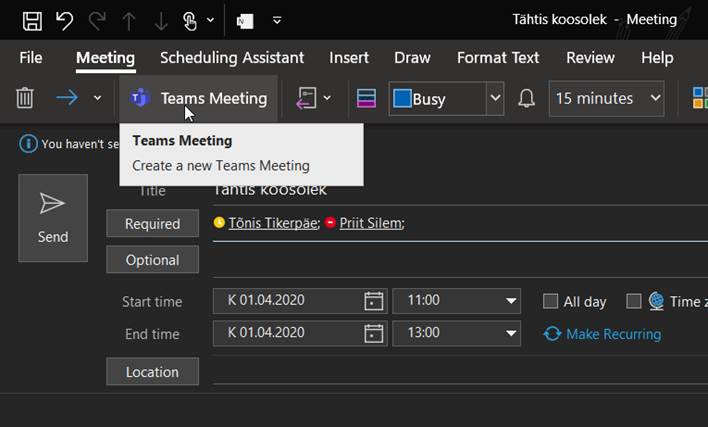 Lisa Outlooki koosolekule Teams koosoleku seadistus