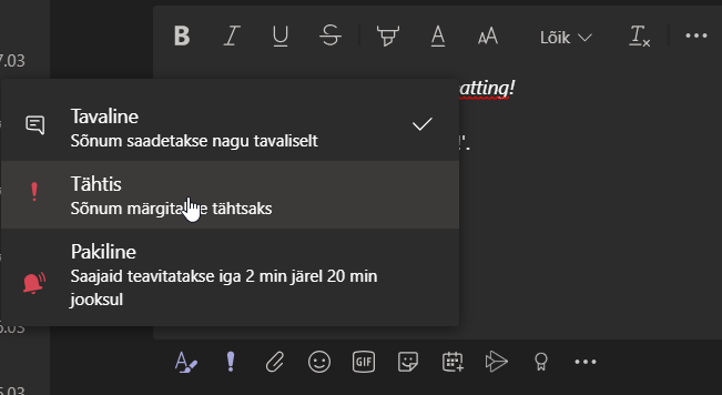 Teams vestlus chat oluline tähtis sõnum pakiline sõnum
